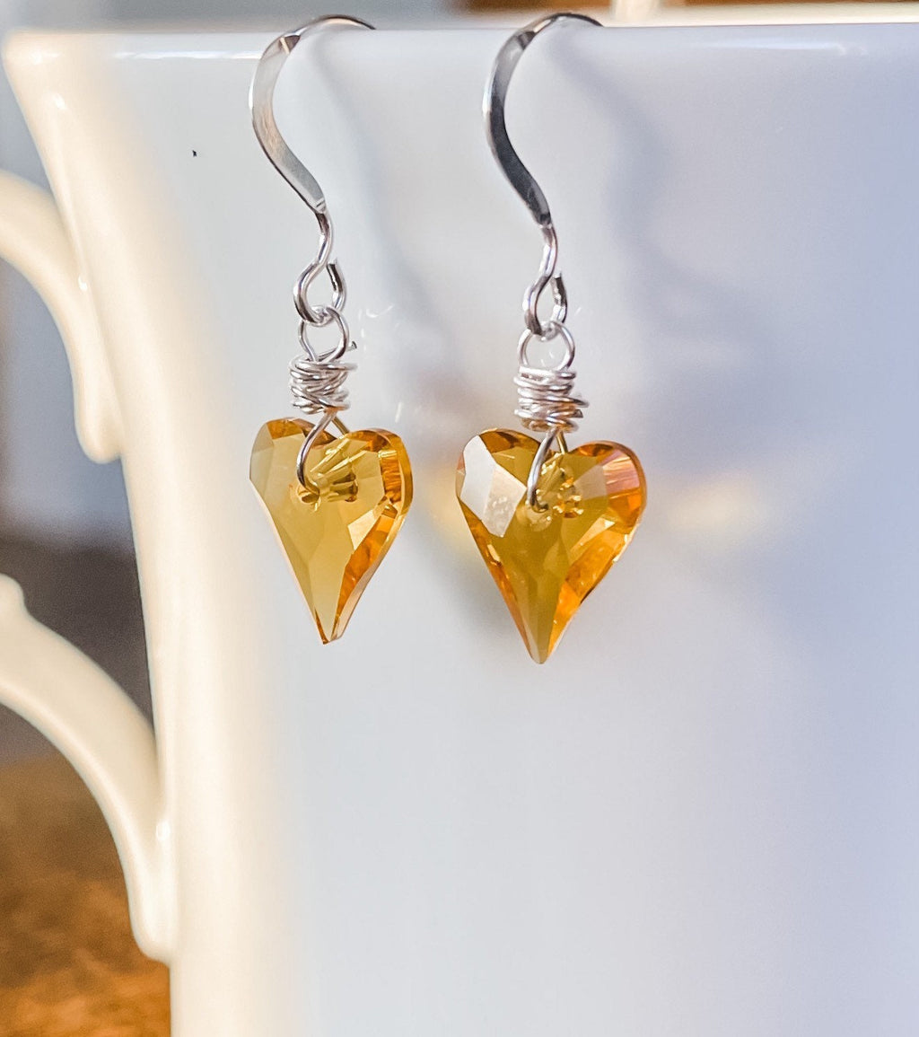 Sunflower Yellow Swarovski Crystal Heart Earrings, Sterling Silver