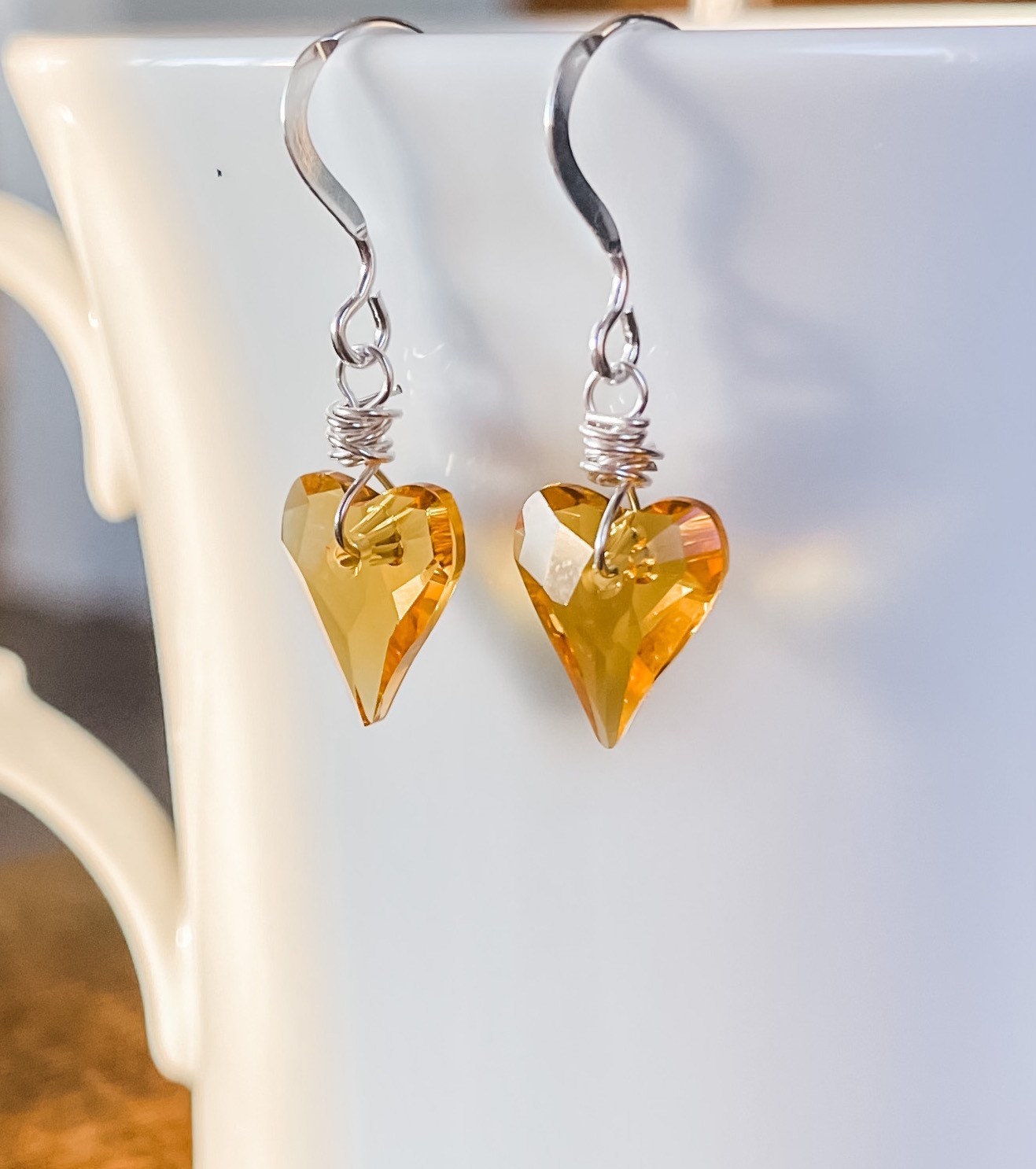 Sunflower Yellow Swarovski Crystal Heart Earrings, Sterling Silver