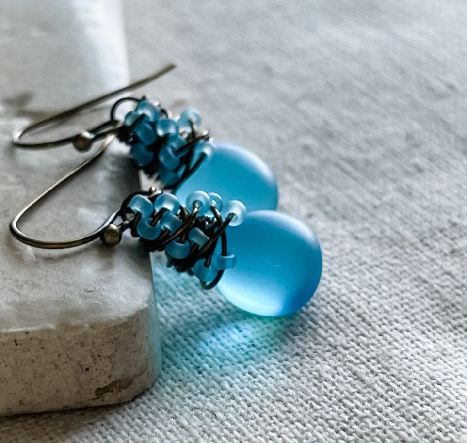 Baby Blue Sea Glass Earrings, Boho Wire Wrapped Brass Dangles
