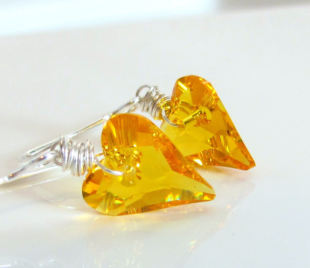 Sunflower Yellow Swarovski Crystal Heart Earrings, Sterling Silver