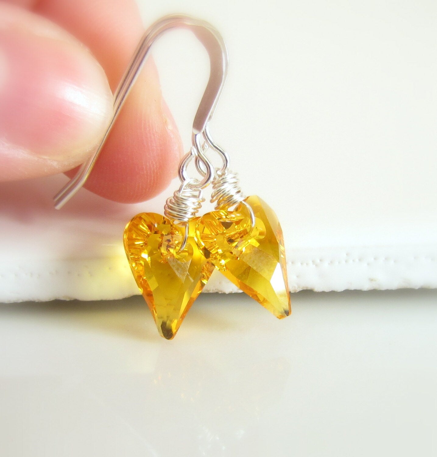 Sunflower Yellow Swarovski Crystal Heart Earrings, Sterling Silver