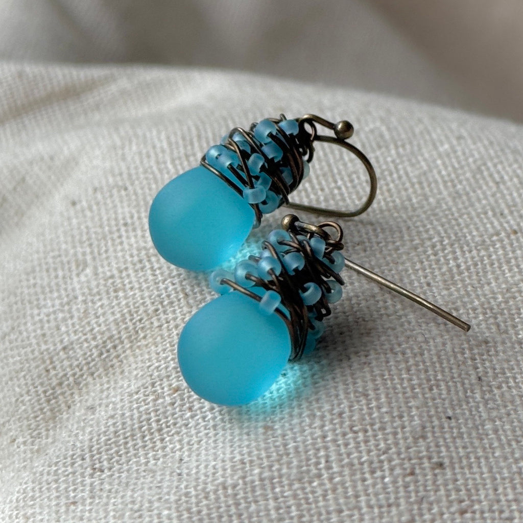 Baby Blue Sea Glass Earrings, Boho Wire Wrapped Brass Dangles