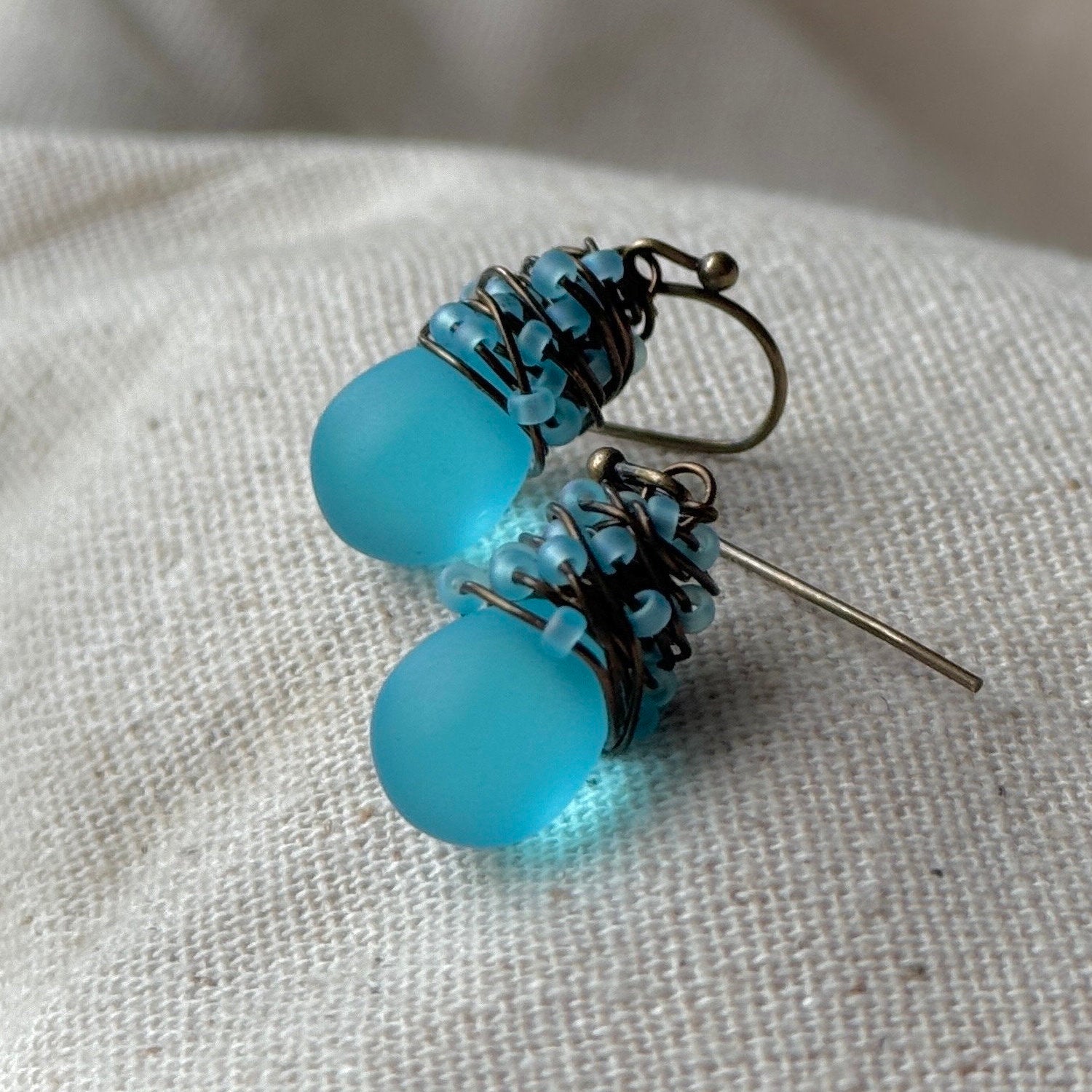 Baby Blue Sea Glass Earrings, Boho Wire Wrapped Brass Dangles