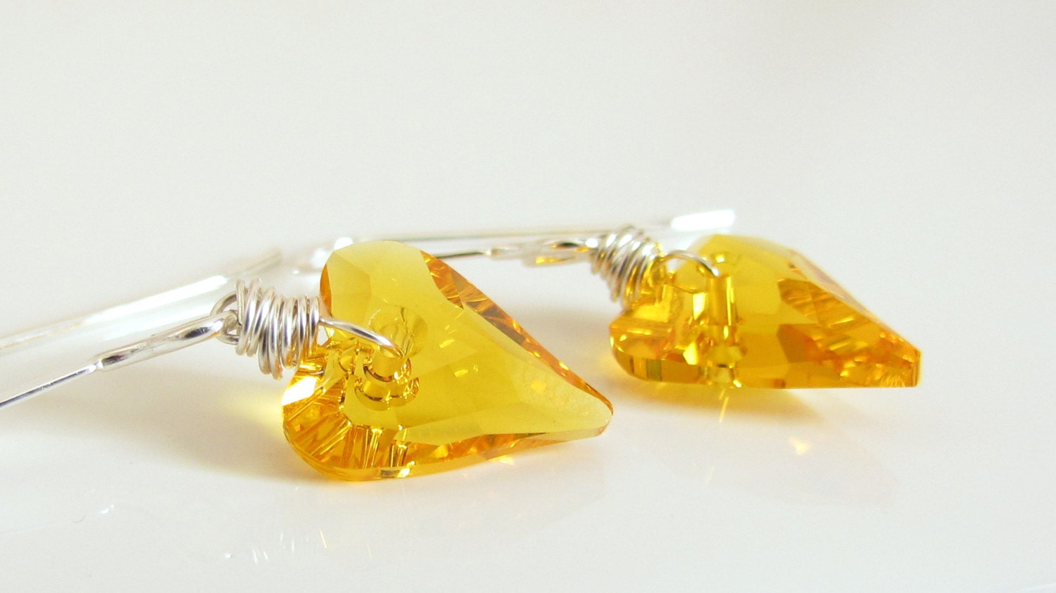 Sunflower Yellow Swarovski Crystal Heart Earrings, Sterling Silver