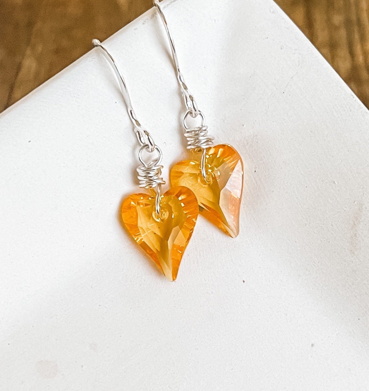 Sunflower Yellow Swarovski Crystal Heart Earrings, Sterling Silver