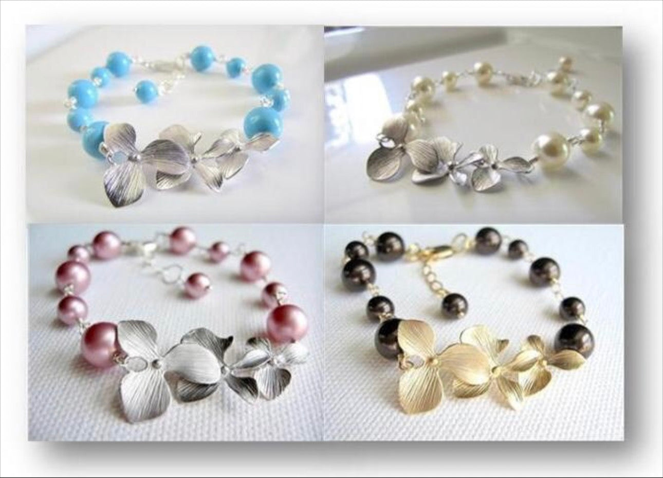 Cream Pearl Floral Bracelet, Pearl Wrapped Chain in Sterling Silver or Gold Orchid Flowers, Wedding Jewelry, Choose Your Color