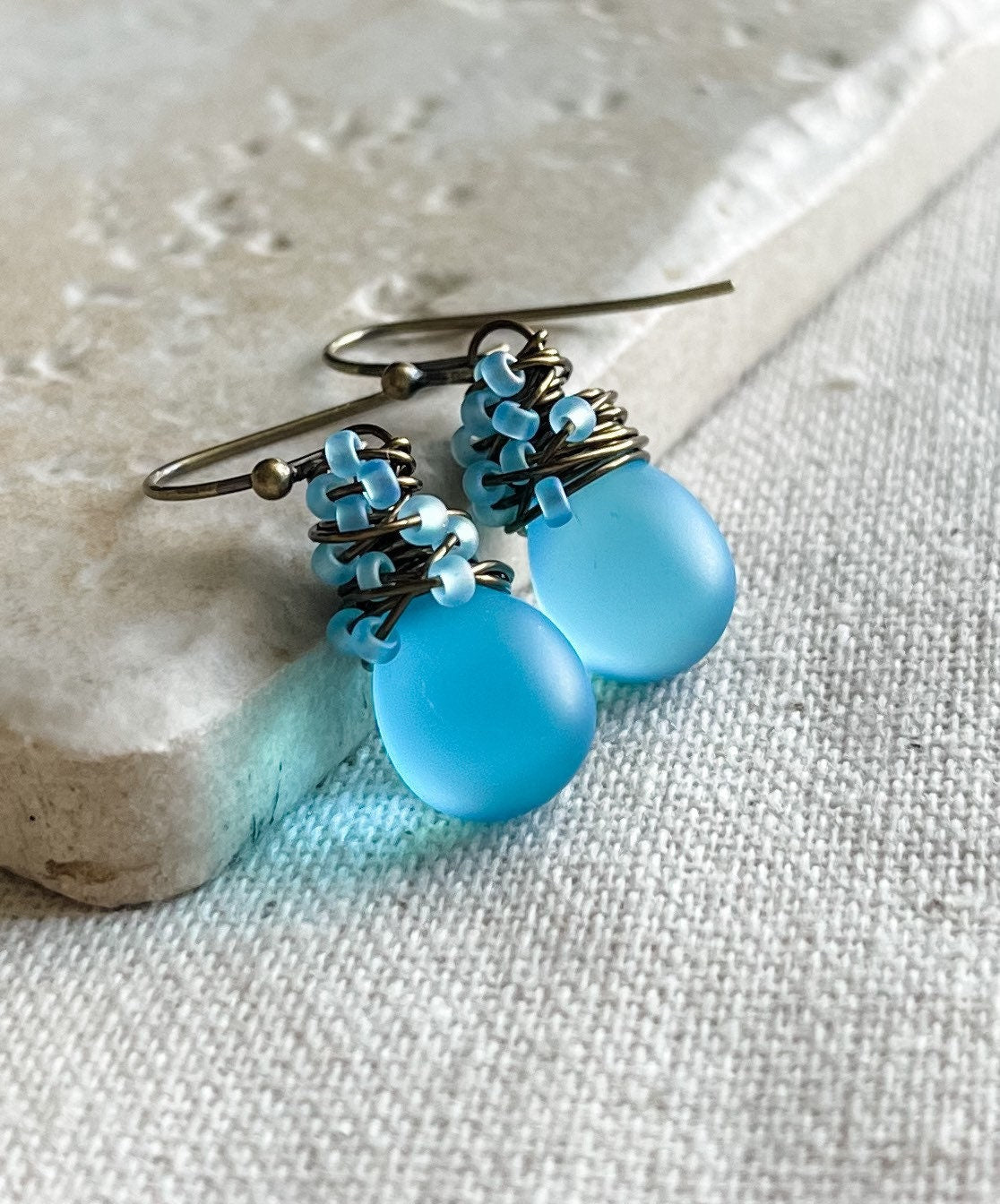 Baby Blue Sea Glass Earrings, Boho Wire Wrapped Brass Dangles
