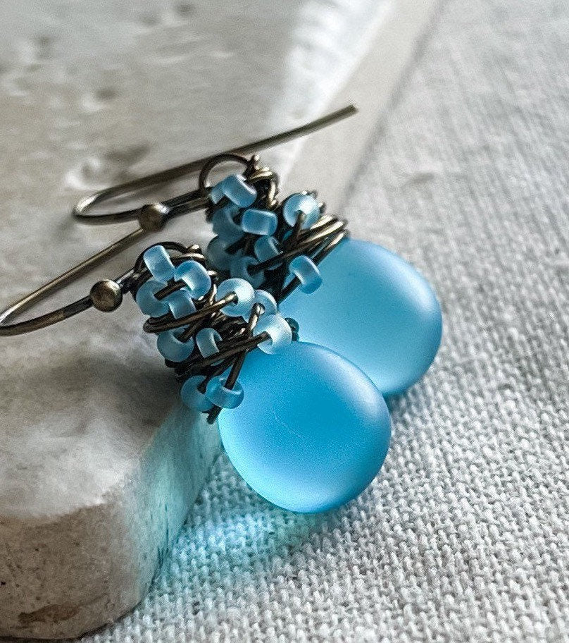 Baby Blue Sea Glass Earrings, Boho Wire Wrapped Brass Dangles