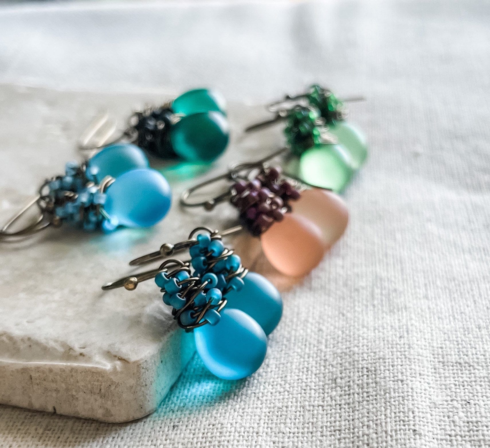 Baby Blue Sea Glass Earrings, Boho Wire Wrapped Brass Dangles